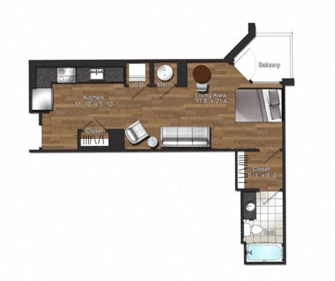Floor plan for studio, 1 bath, 478 sqft
